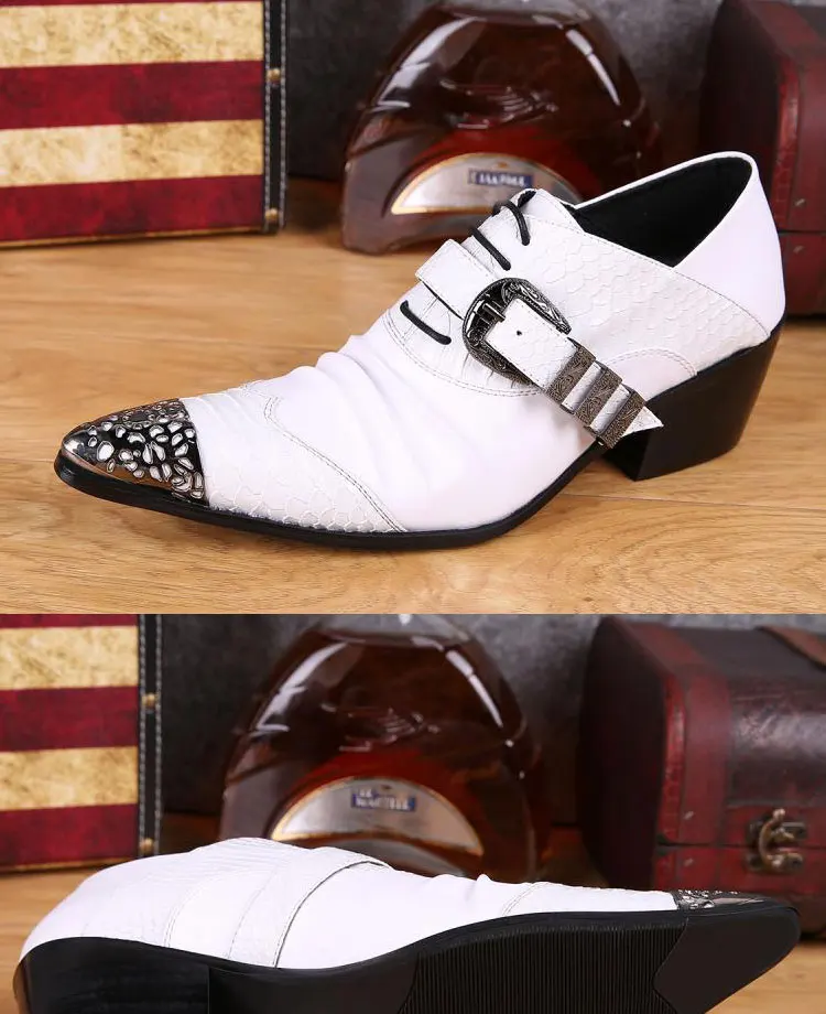 Men's Genuine Cowhide Low‑top High Heel Shoes Metal Tip Buckle Decor Luxury Heighten Dress Footwear For Singer Stage Performance
