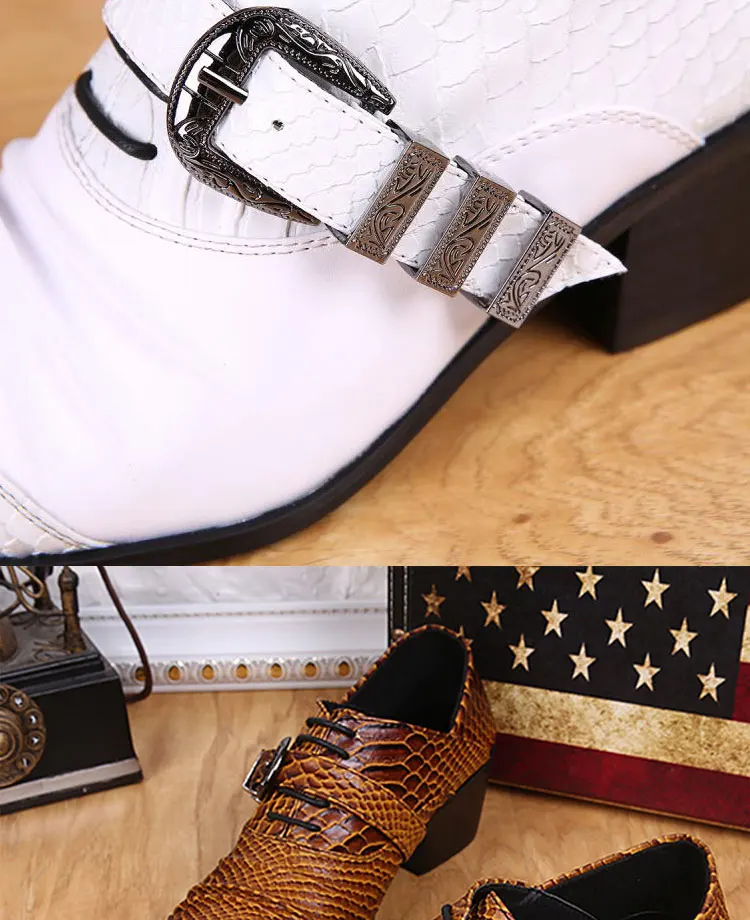 Men's Genuine Cowhide Low‑top High Heel Shoes Metal Tip Buckle Decor Luxury Heighten Dress Footwear For Singer Stage Performance