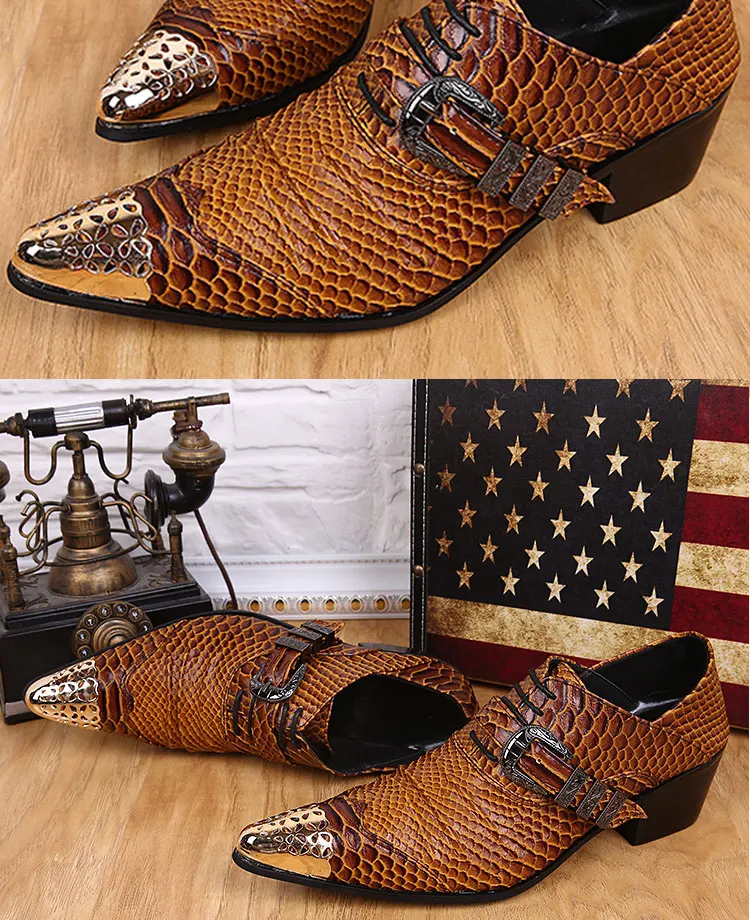 Men's Genuine Cowhide Low‑top High Heel Shoes Metal Tip Buckle Decor Luxury Heighten Dress Footwear For Singer Stage Performance