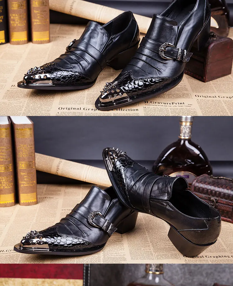 Men's Genuine Cowhide Low‑top High Heel Shoes Metal Tip Buckle Decor Luxury Heighten Dress Footwear For Singer Stage Performance