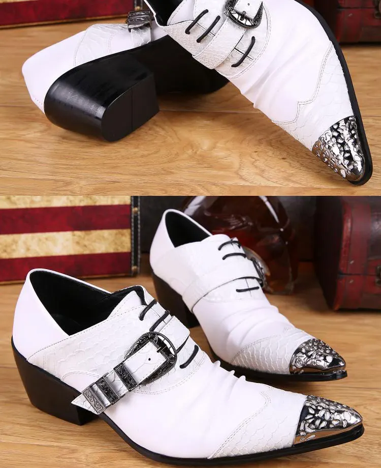 Men's Genuine Cowhide Low‑top High Heel Shoes Metal Tip Buckle Decor Luxury Heighten Dress Footwear For Singer Stage Performance