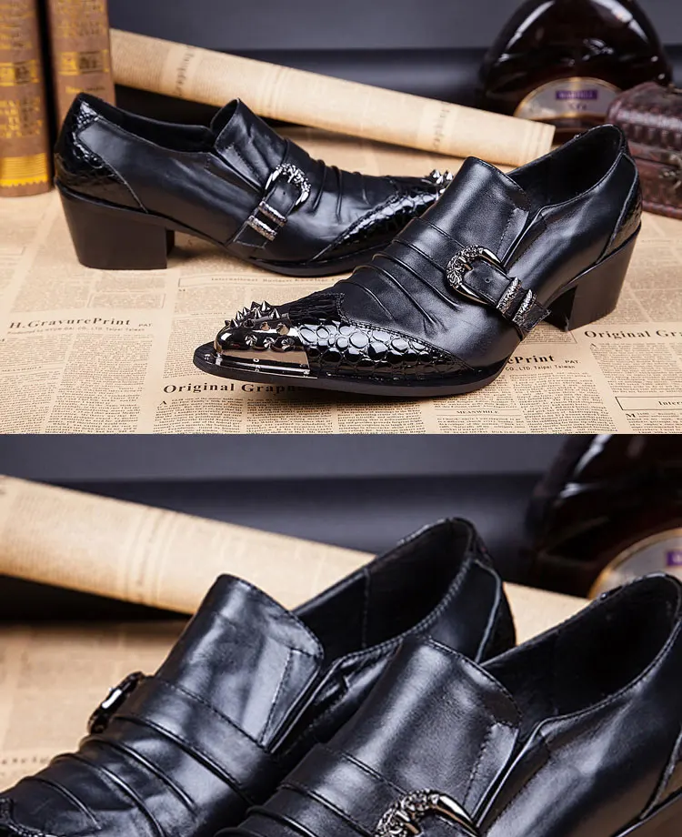 Men's Genuine Cowhide Low‑top High Heel Shoes Metal Tip Buckle Decor Luxury Heighten Dress Footwear For Singer Stage Performance