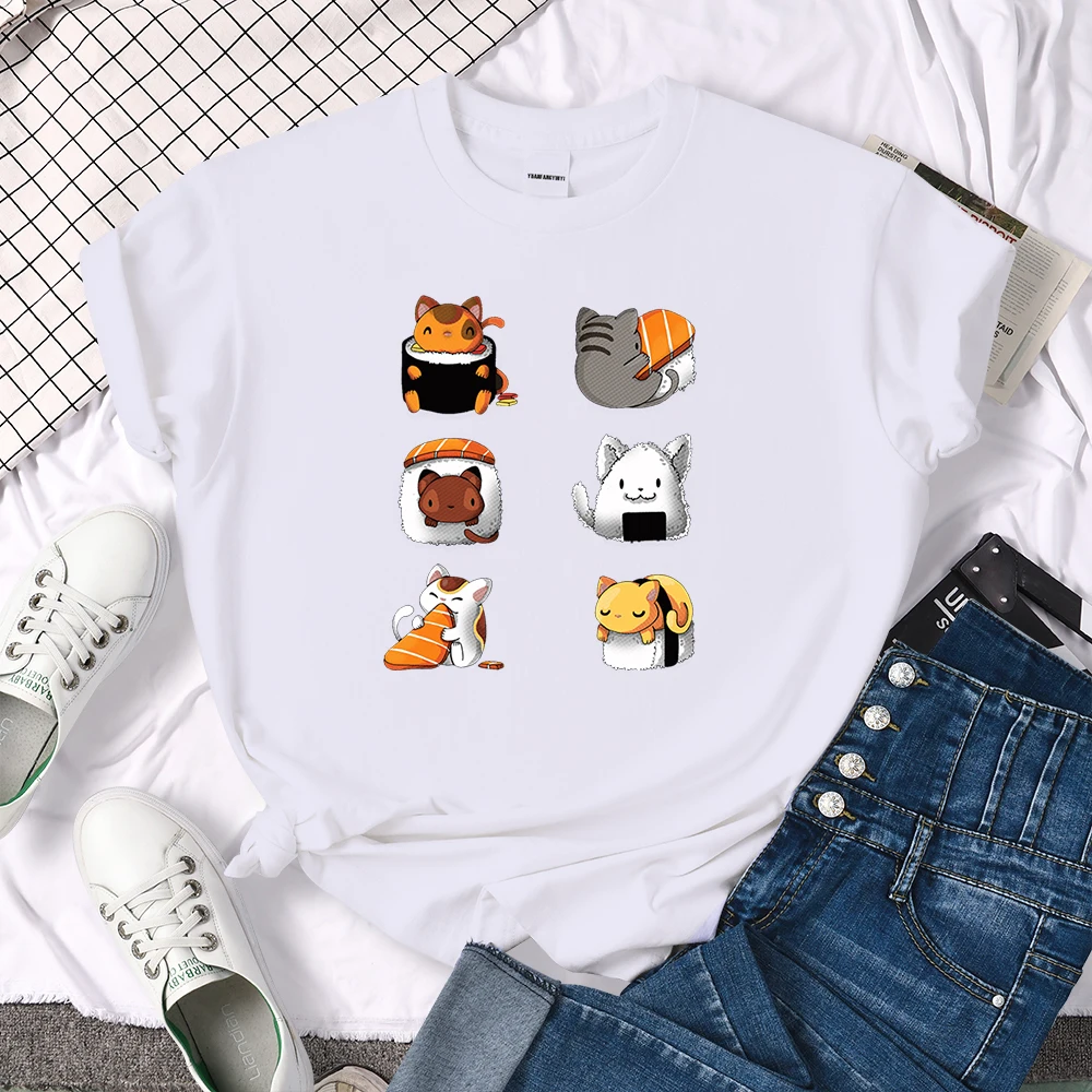 T-Shirt Cartoon Lovely Sushi Cat Printing Womens T Shirt Casual Tshirts For Women Hip Hop Gothic Women Short Sleeve Tops
