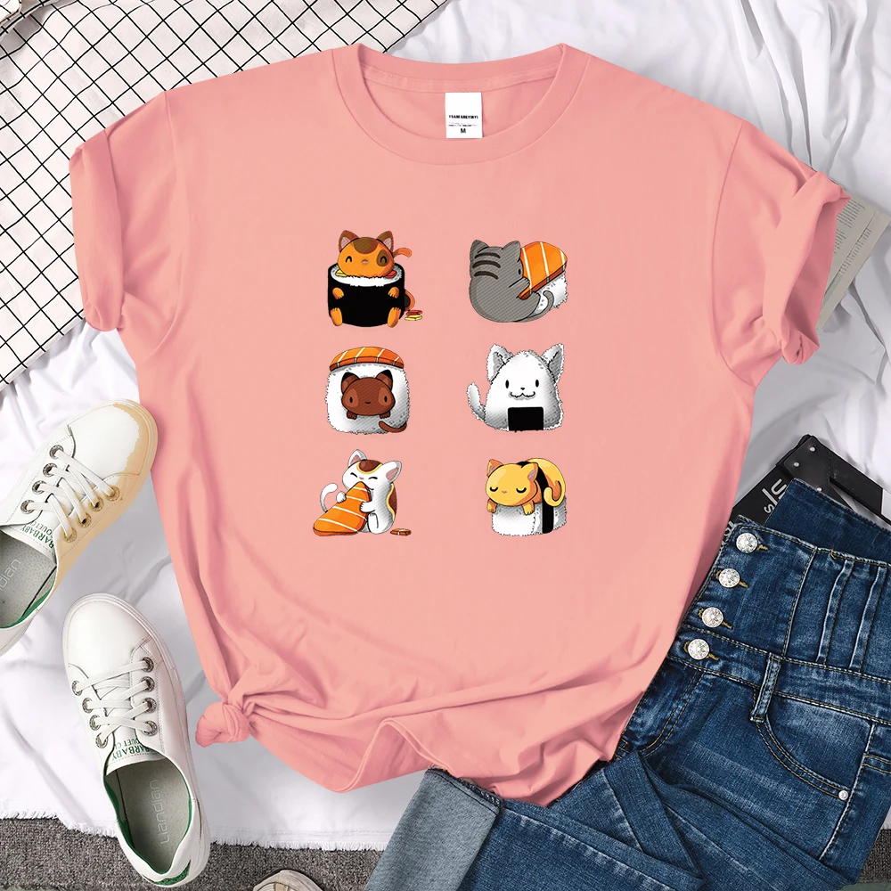 T-Shirt Cartoon Lovely Sushi Cat Printing Womens T Shirt Casual Tshirts For Women Hip Hop Gothic Women Short Sleeve Tops