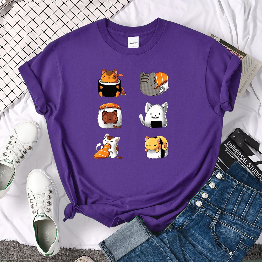 T-Shirt Cartoon Lovely Sushi Cat Printing Womens T Shirt Casual Tshirts For Women Hip Hop Gothic Women Short Sleeve Tops