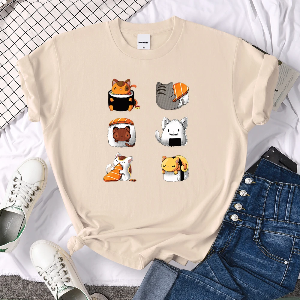 T-Shirt Cartoon Lovely Sushi Cat Printing Womens T Shirt Casual Tshirts For Women Hip Hop Gothic Women Short Sleeve Tops