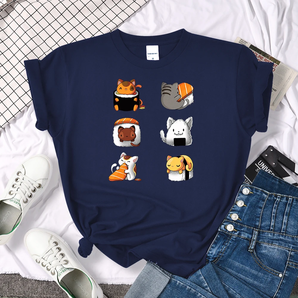 T-Shirt Cartoon Lovely Sushi Cat Printing Womens T Shirt Casual Tshirts For Women Hip Hop Gothic Women Short Sleeve Tops