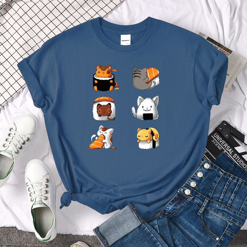 T-Shirt Cartoon Lovely Sushi Cat Printing Womens T Shirt Casual Tshirts For Women Hip Hop Gothic Women Short Sleeve Tops