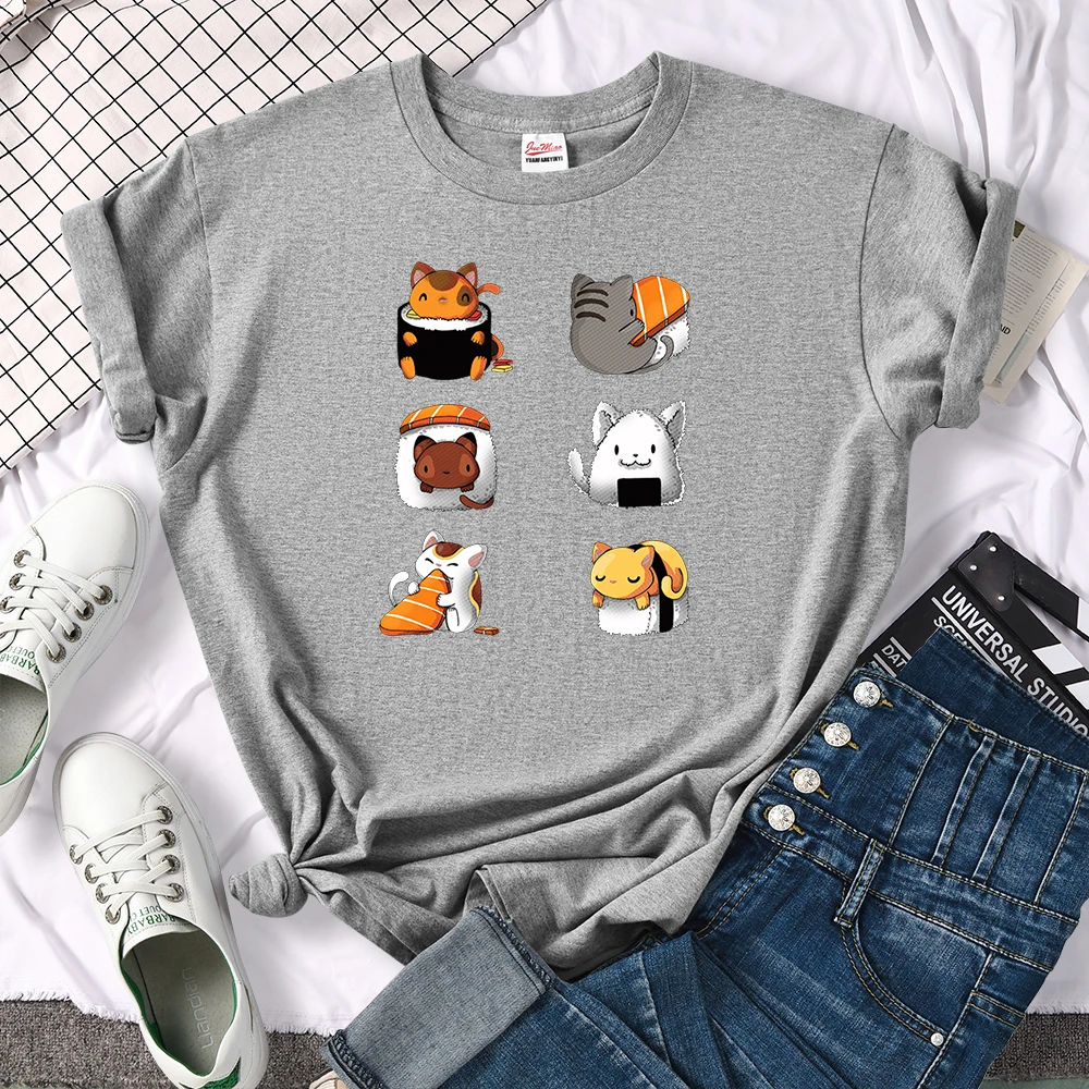 T-Shirt Cartoon Lovely Sushi Cat Printing Womens T Shirt Casual Tshirts For Women Hip Hop Gothic Women Short Sleeve Tops