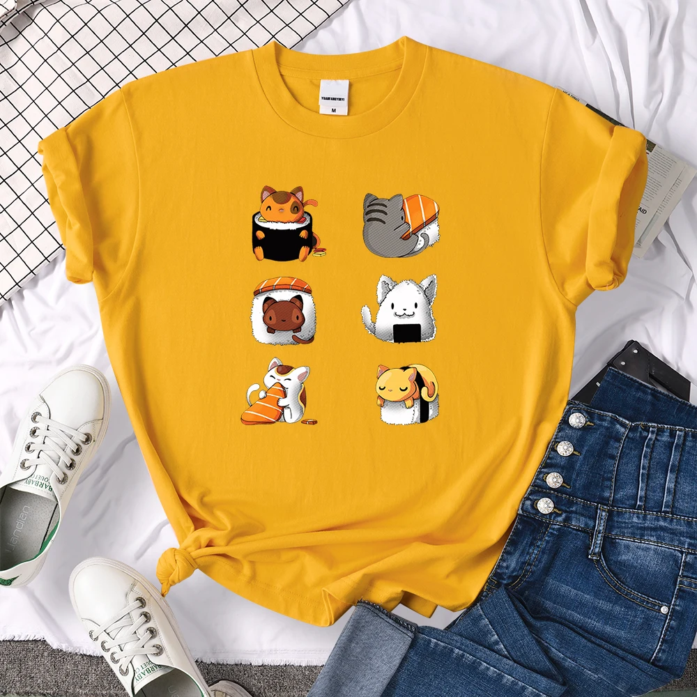 T-Shirt Cartoon Lovely Sushi Cat Printing Womens T Shirt Casual Tshirts For Women Hip Hop Gothic Women Short Sleeve Tops