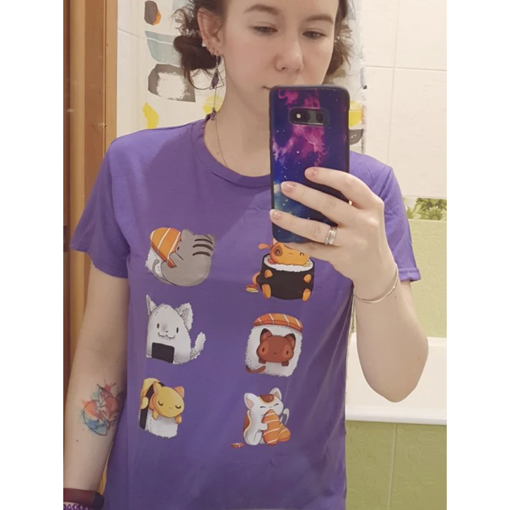 T-Shirt Cartoon Lovely Sushi Cat Printing Womens T Shirt Casual Tshirts For Women Hip Hop Gothic Women Short Sleeve Tops