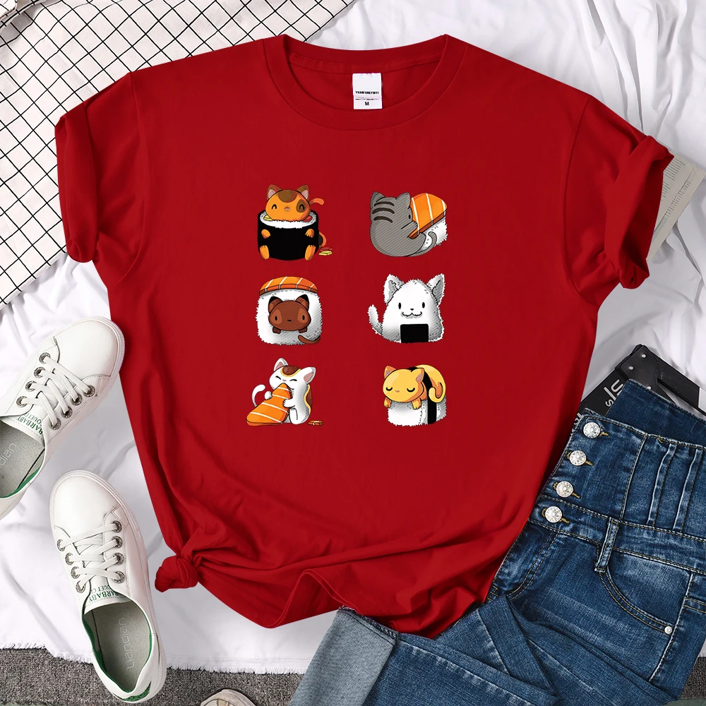 T-Shirt Cartoon Lovely Sushi Cat Printing Womens T Shirt Casual Tshirts For Women Hip Hop Gothic Women Short Sleeve Tops