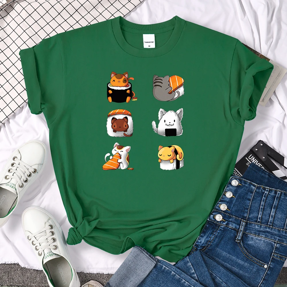 T-Shirt Cartoon Lovely Sushi Cat Printing Womens T Shirt Casual Tshirts For Women Hip Hop Gothic Women Short Sleeve Tops