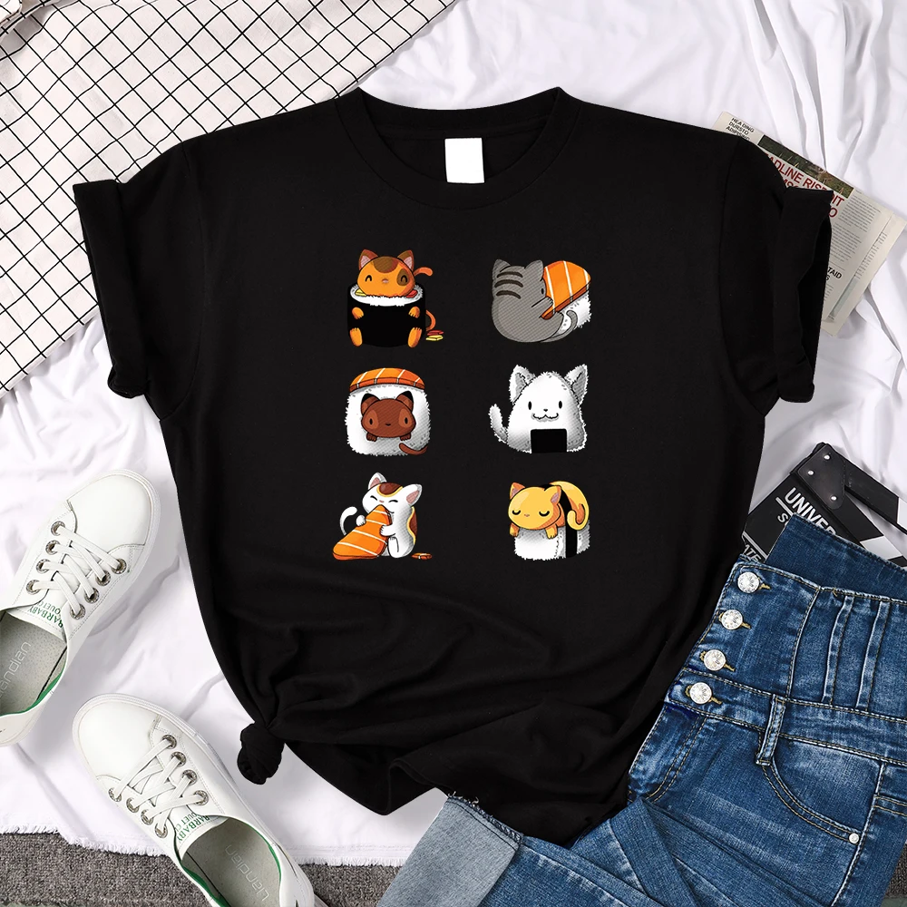 T-Shirt Cartoon Lovely Sushi Cat Printing Womens T Shirt Casual Tshirts For Women Hip Hop Gothic Women Short Sleeve Tops
