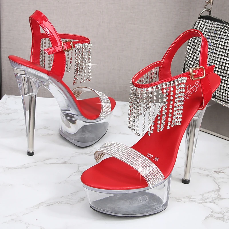 2024 New Transparent Fairy Wedding Crystal Shoes Women Sandals Steel Tube Dancing Striptease Female Stilettos Model High Heels