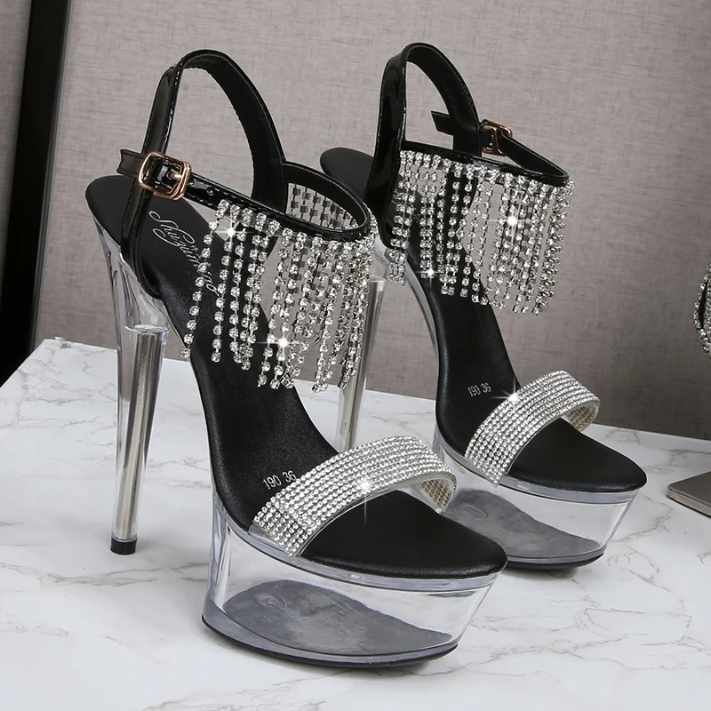 2024 New Transparent Fairy Wedding Crystal Shoes Women Sandals Steel Tube Dancing Striptease Female Stilettos Model High Heels
