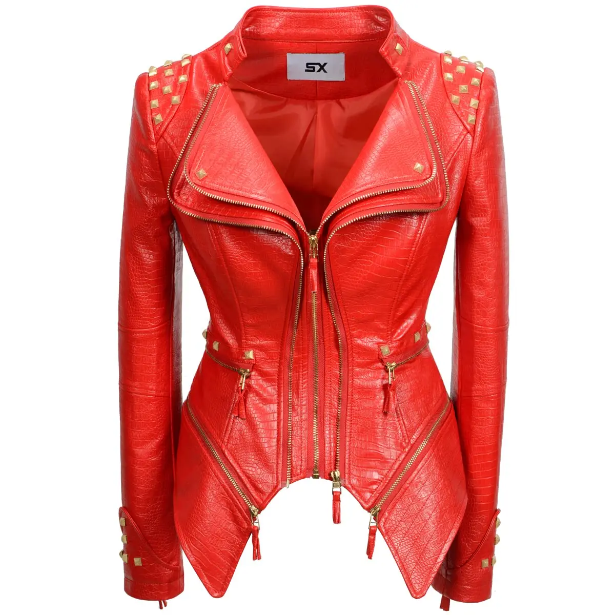 New Autumn Women Pu Faux Leather Jacket Studs Motorcycle Biker Coat Serpentine Lapel Rivet Slim Streetwear Black Punk Outerwear