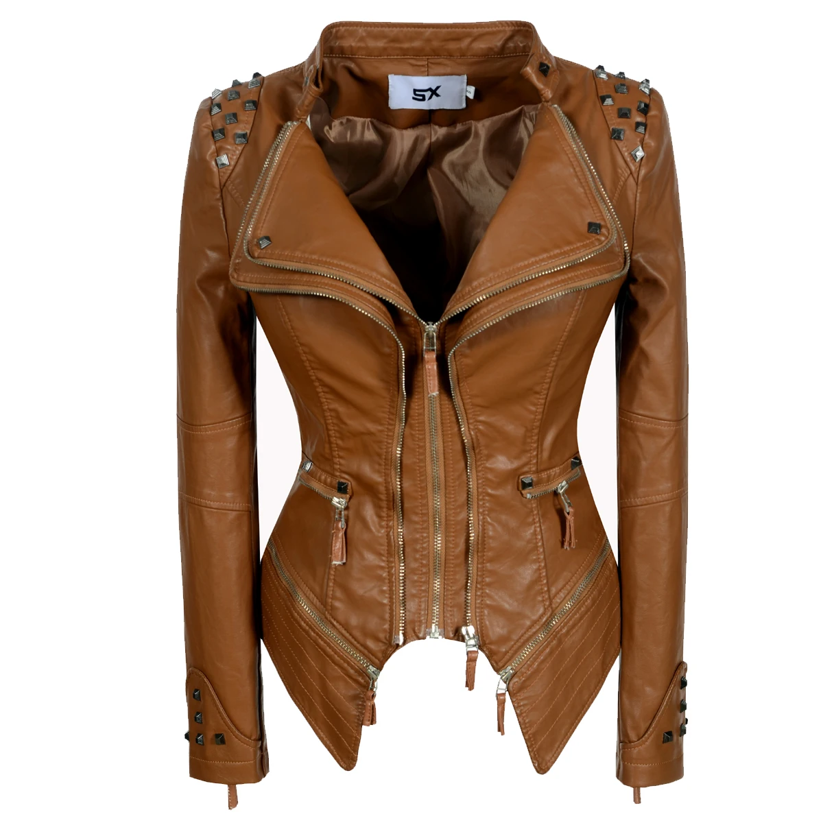 New Autumn Women Pu Faux Leather Jacket Studs Motorcycle Biker Coat Serpentine Lapel Rivet Slim Streetwear Black Punk Outerwear