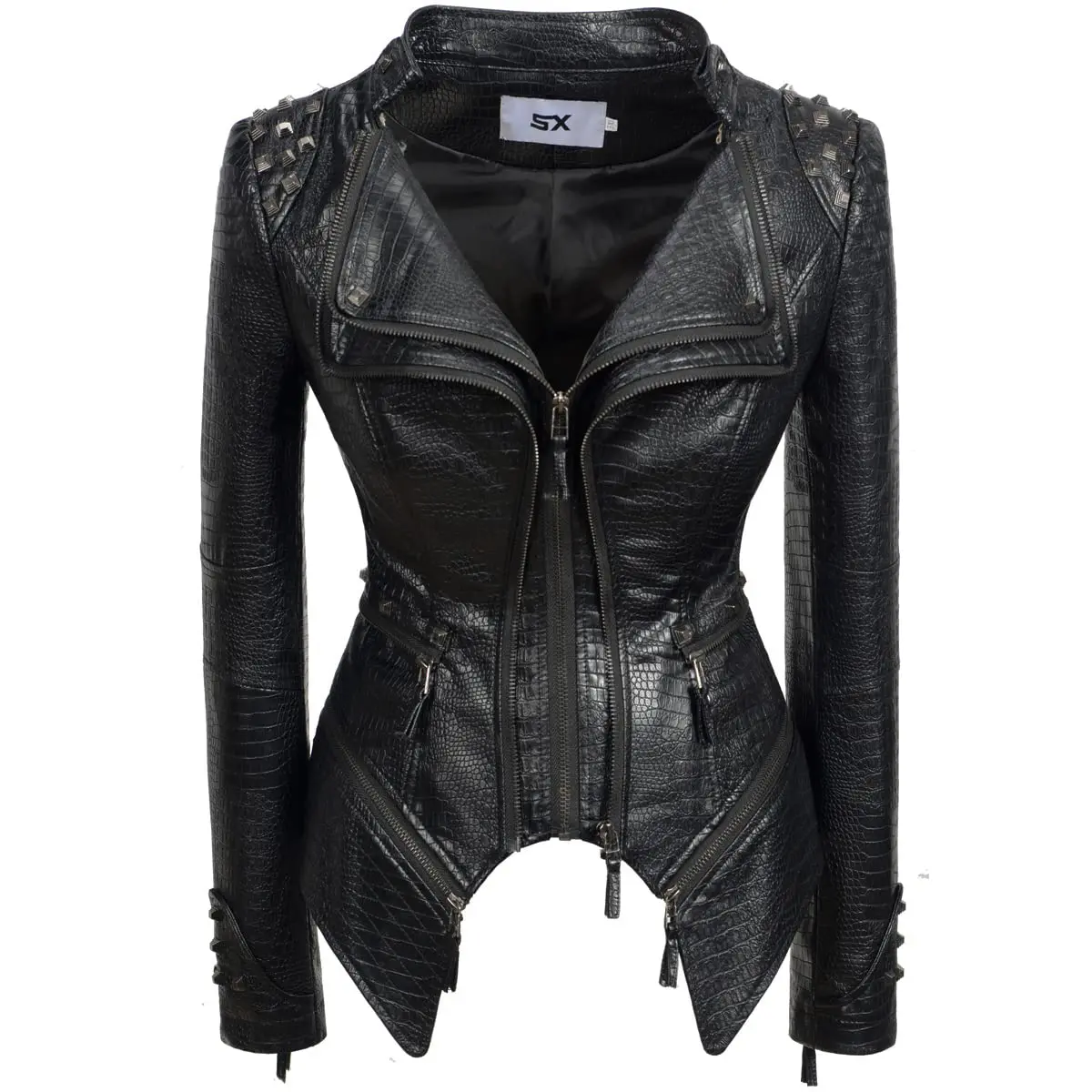 New Autumn Women Pu Faux Leather Jacket Studs Motorcycle Biker Coat Serpentine Lapel Rivet Slim Streetwear Black Punk Outerwear