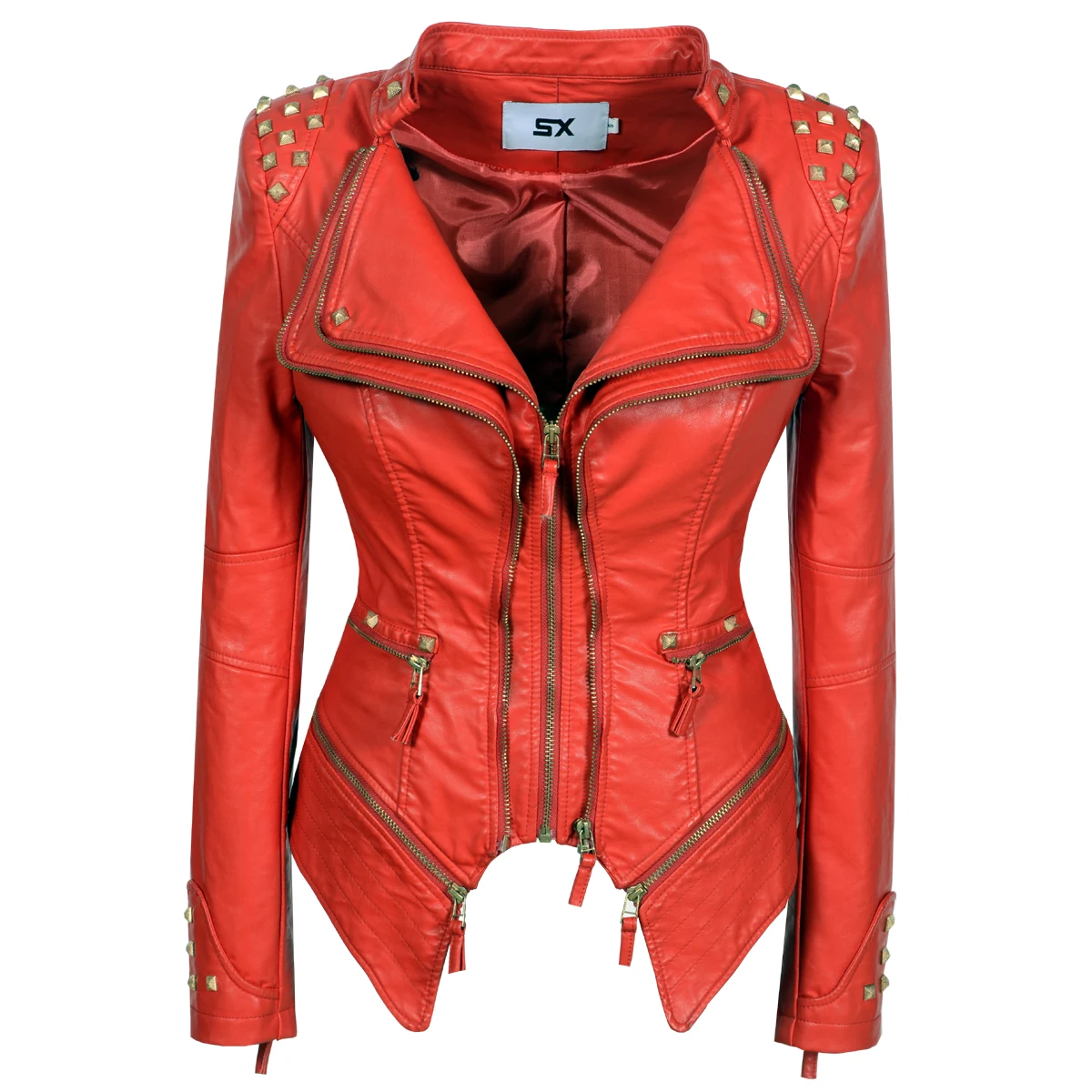 New Autumn Women Pu Faux Leather Jacket Studs Motorcycle Biker Coat Serpentine Lapel Rivet Slim Streetwear Black Punk Outerwear