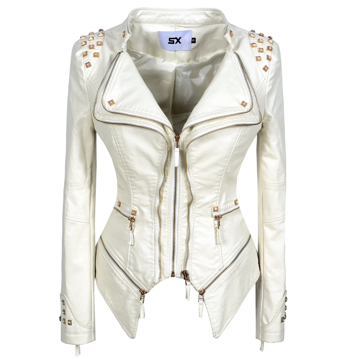 New Autumn Women Pu Faux Leather Jacket Studs Motorcycle Biker Coat Serpentine Lapel Rivet Slim Streetwear Black Punk Outerwear