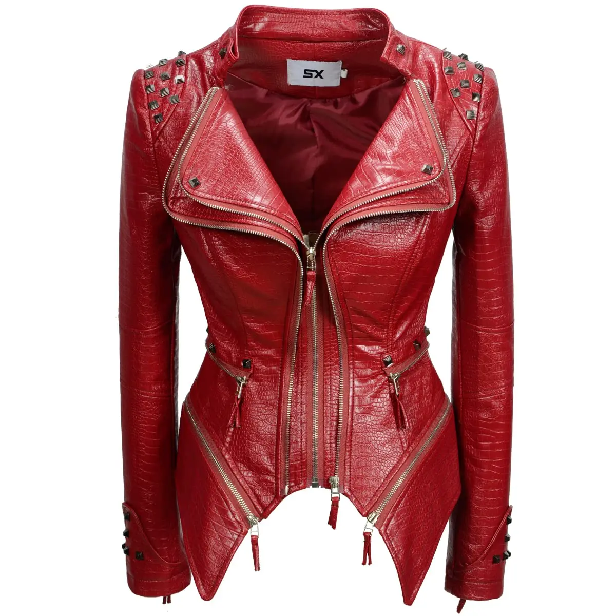 New Autumn Women Pu Faux Leather Jacket Studs Motorcycle Biker Coat Serpentine Lapel Rivet Slim Streetwear Black Punk Outerwear