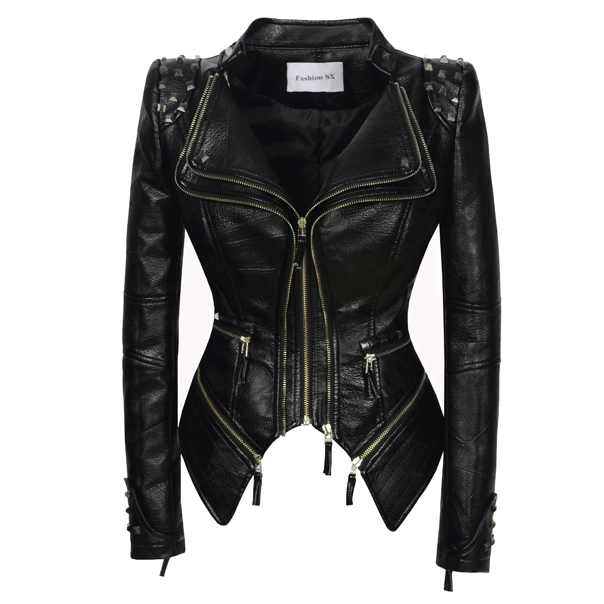New Autumn Women Pu Faux Leather Jacket Studs Motorcycle Biker Coat Serpentine Lapel Rivet Slim Streetwear Black Punk Outerwear