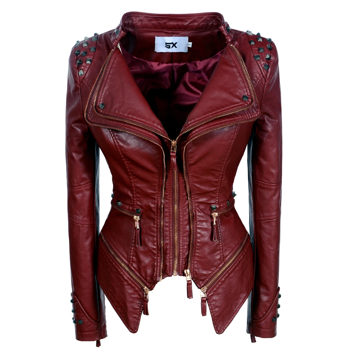 New Autumn Women Pu Faux Leather Jacket Studs Motorcycle Biker Coat Serpentine Lapel Rivet Slim Streetwear Black Punk Outerwear