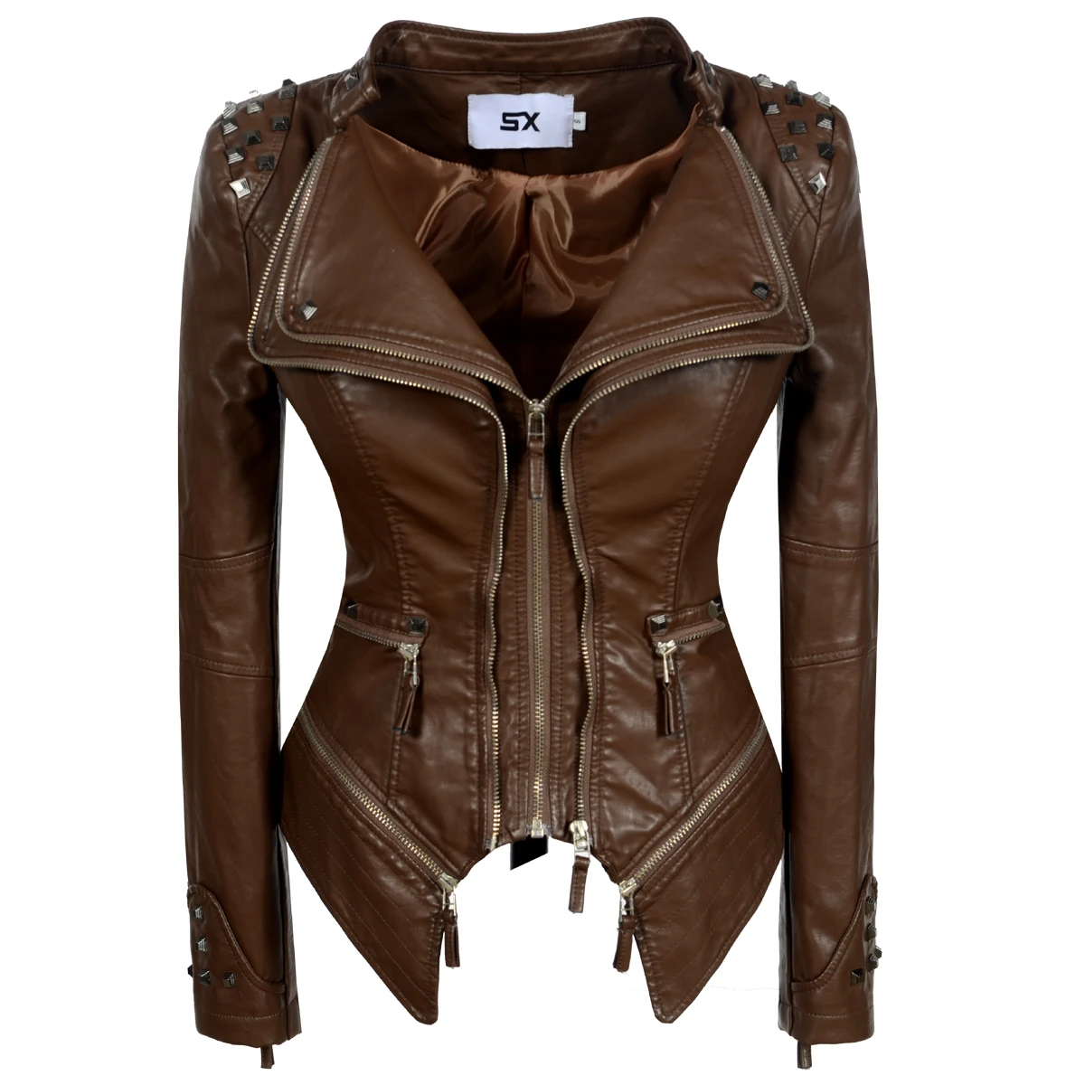New Autumn Women Pu Faux Leather Jacket Studs Motorcycle Biker Coat Serpentine Lapel Rivet Slim Streetwear Black Punk Outerwear