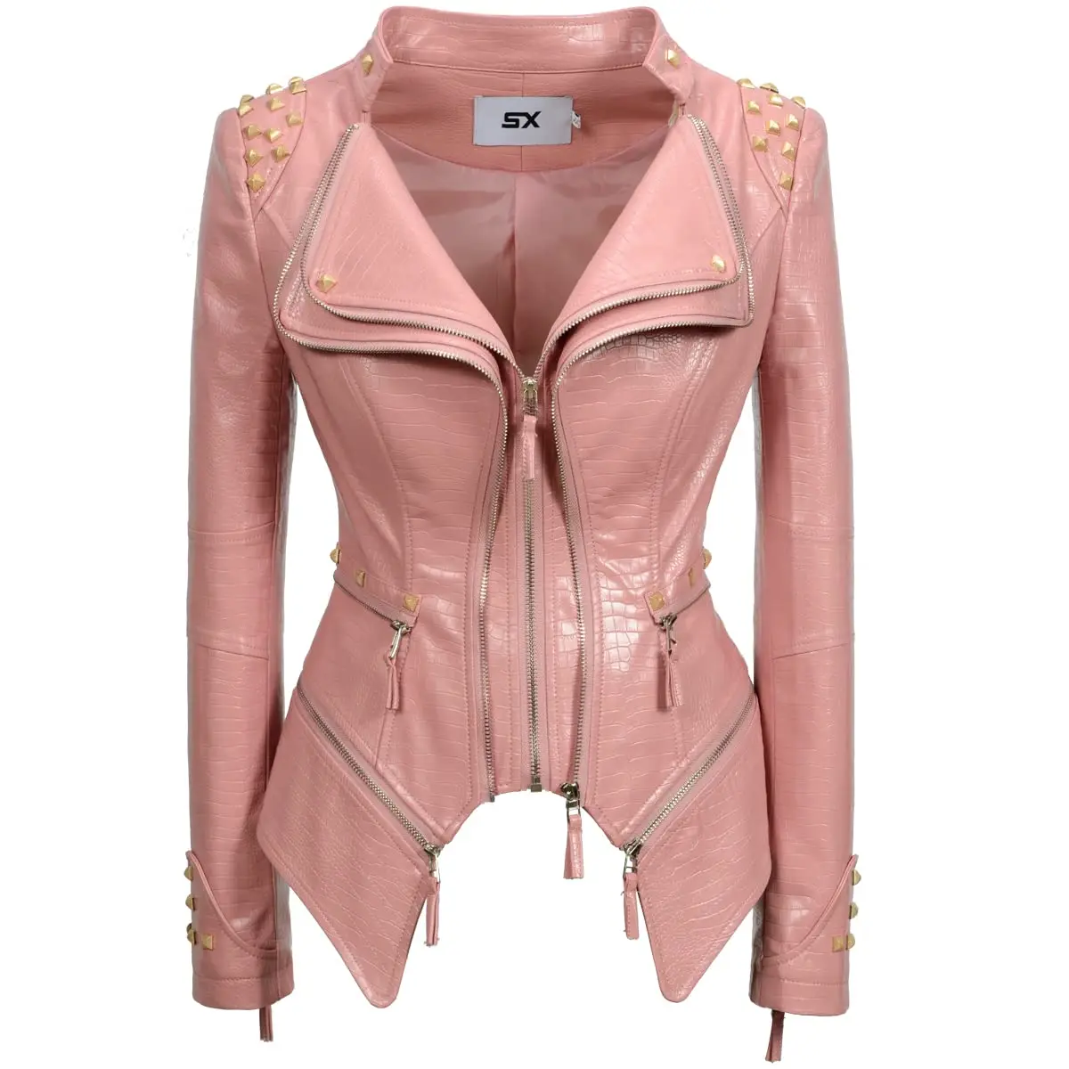 New Autumn Women Pu Faux Leather Jacket Studs Motorcycle Biker Coat Serpentine Lapel Rivet Slim Streetwear Black Punk Outerwear