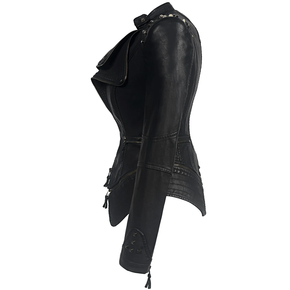 New Autumn Women Pu Faux Leather Jacket Studs Motorcycle Biker Coat Serpentine Lapel Rivet Slim Streetwear Black Punk Outerwear