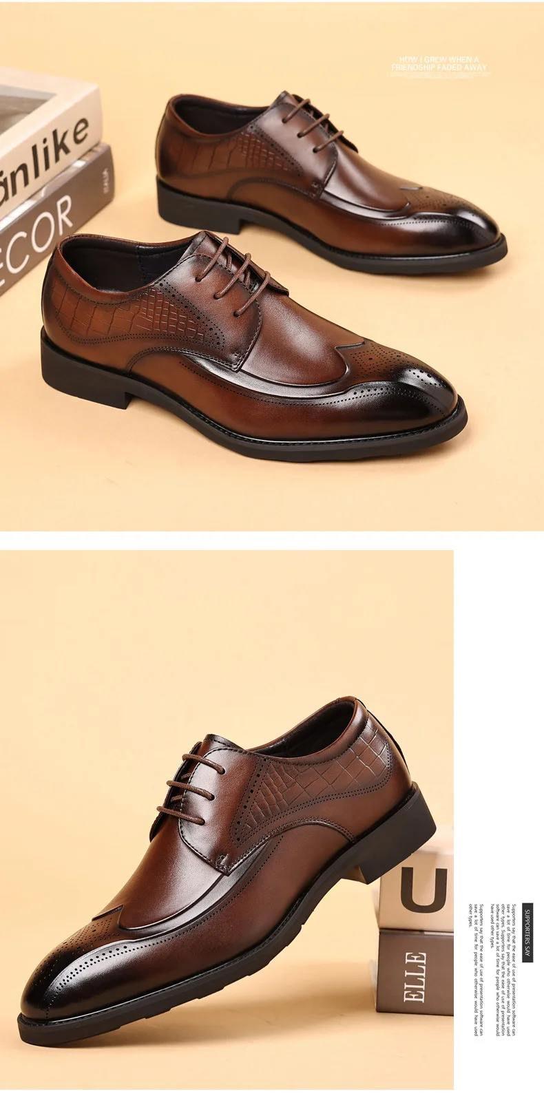 Brand Business Dress Shoes Men's Genuine  Leather  Square Toe British Lace-Up Breathable Derby Shoes for Men Classic Style