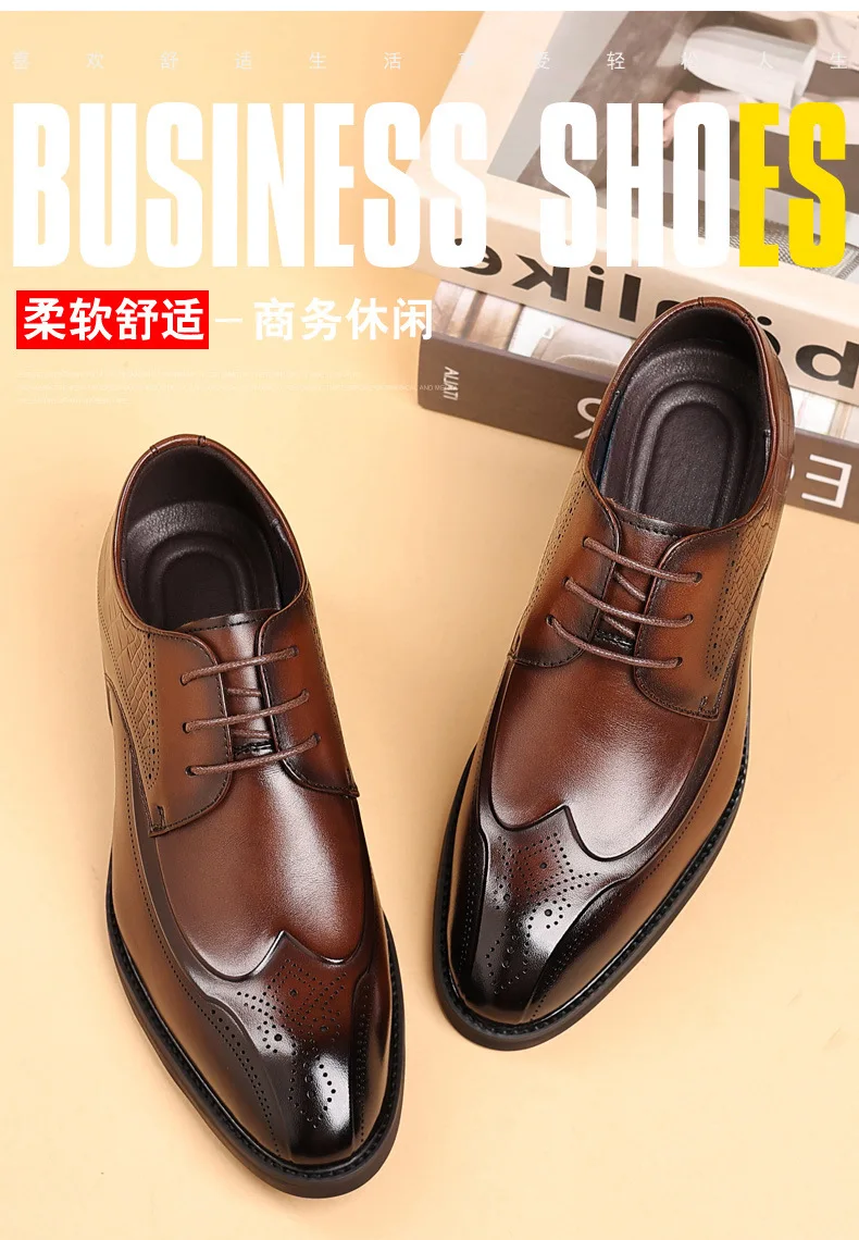 Brand Business Dress Shoes Men's Genuine  Leather  Square Toe British Lace-Up Breathable Derby Shoes for Men Classic Style