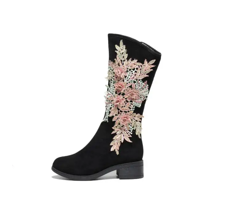 Women Stacked Heel Mid Calf Boots Zip up High Riding Boot Faux Suede Retro Appliques Long Booties for Female Plush Winter Shoe
