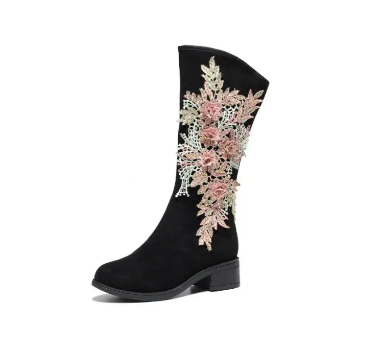 Women Stacked Heel Mid Calf Boots Zip up High Riding Boot Faux Suede Retro Appliques Long Booties for Female Plush Winter Shoe