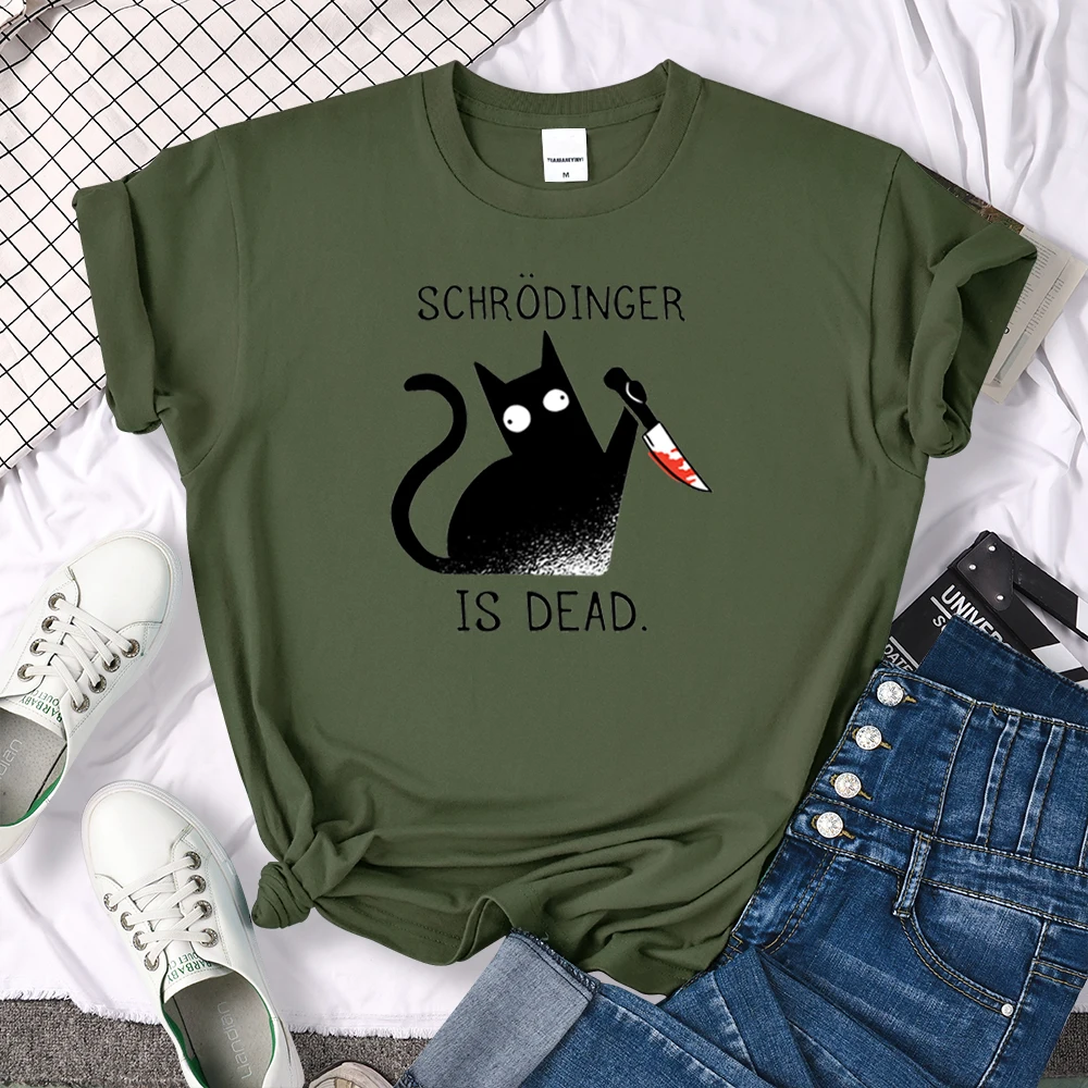 Females T-Shirts Schrodinger Is Dead Cartoon Black Cat Print T Shirt Women Oversized Soft Snug Loose Tees Comfortable Funny Tops