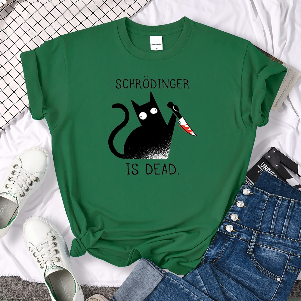 Females T-Shirts Schrodinger Is Dead Cartoon Black Cat Print T Shirt Women Oversized Soft Snug Loose Tees Comfortable Funny Tops