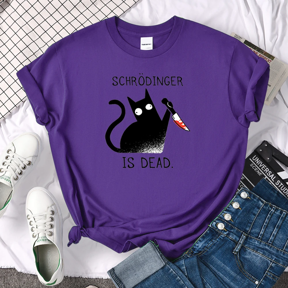 Females T-Shirts Schrodinger Is Dead Cartoon Black Cat Print T Shirt Women Oversized Soft Snug Loose Tees Comfortable Funny Tops