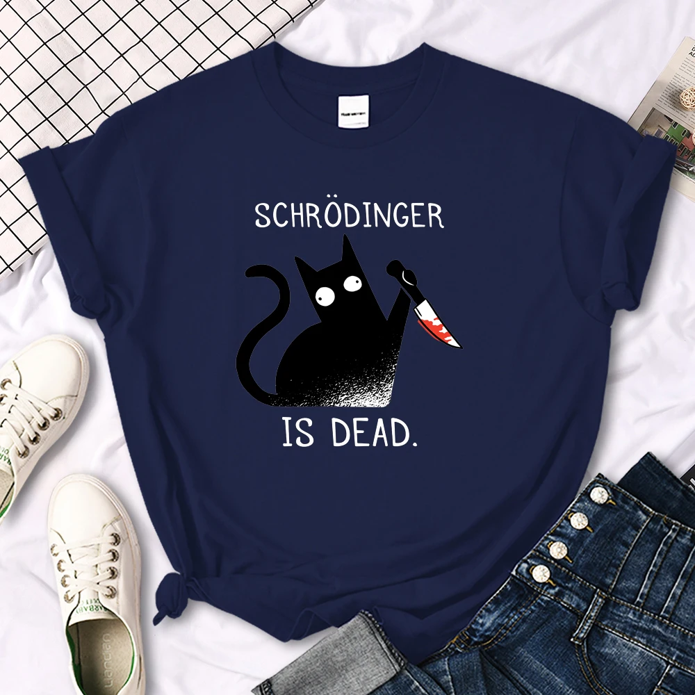 Females T-Shirts Schrodinger Is Dead Cartoon Black Cat Print T Shirt Women Oversized Soft Snug Loose Tees Comfortable Funny Tops