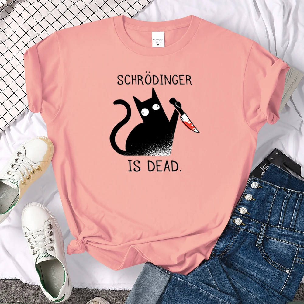 Females T-Shirts Schrodinger Is Dead Cartoon Black Cat Print T Shirt Women Oversized Soft Snug Loose Tees Comfortable Funny Tops