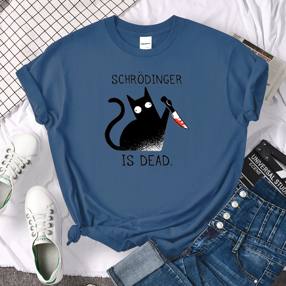 Females T-Shirts Schrodinger Is Dead Cartoon Black Cat Print T Shirt Women Oversized Soft Snug Loose Tees Comfortable Funny Tops