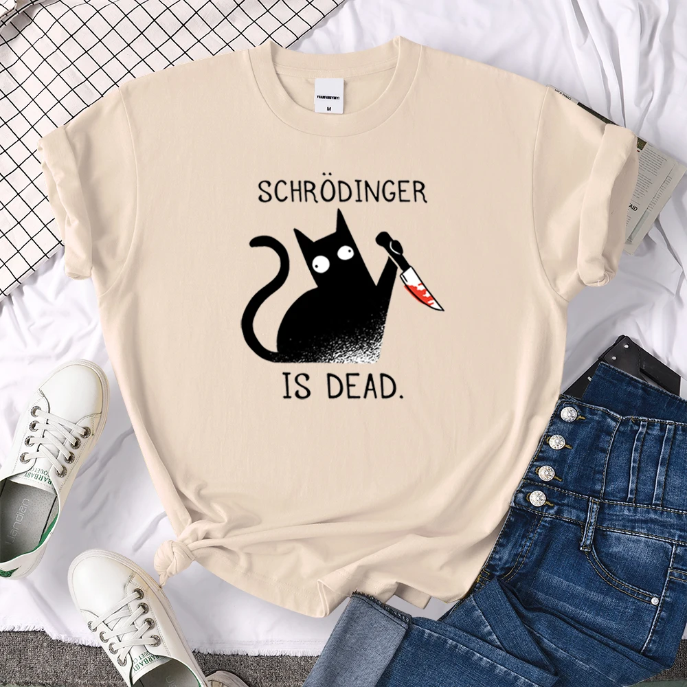 Females T-Shirts Schrodinger Is Dead Cartoon Black Cat Print T Shirt Women Oversized Soft Snug Loose Tees Comfortable Funny Tops
