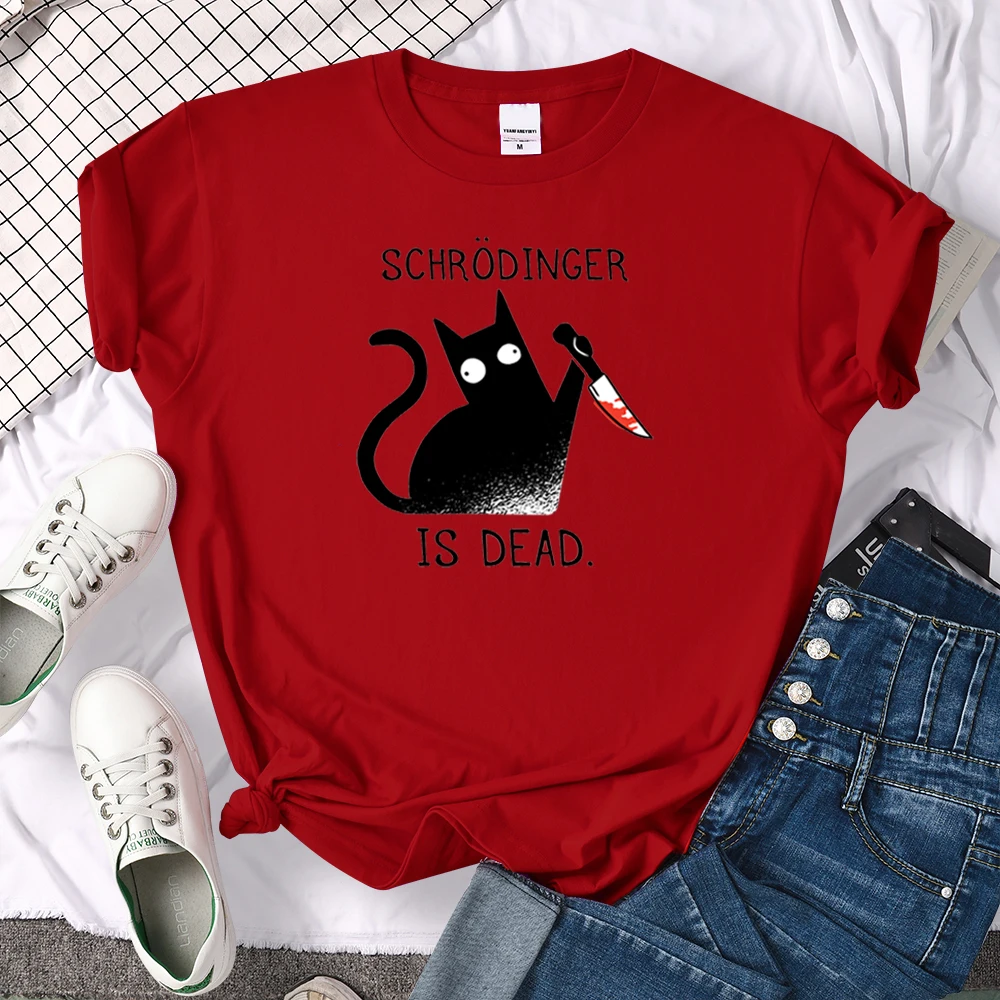 Females T-Shirts Schrodinger Is Dead Cartoon Black Cat Print T Shirt Women Oversized Soft Snug Loose Tees Comfortable Funny Tops