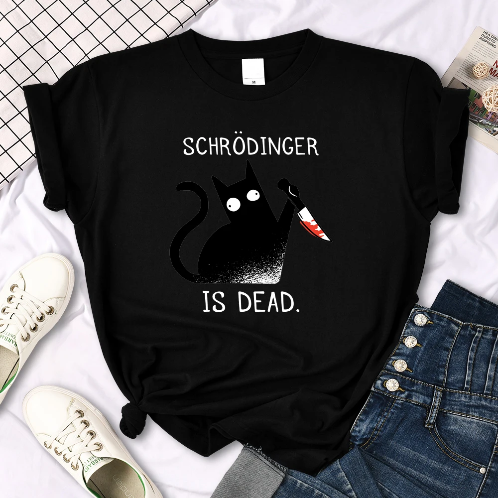 Females T-Shirts Schrodinger Is Dead Cartoon Black Cat Print T Shirt Women Oversized Soft Snug Loose Tees Comfortable Funny Tops