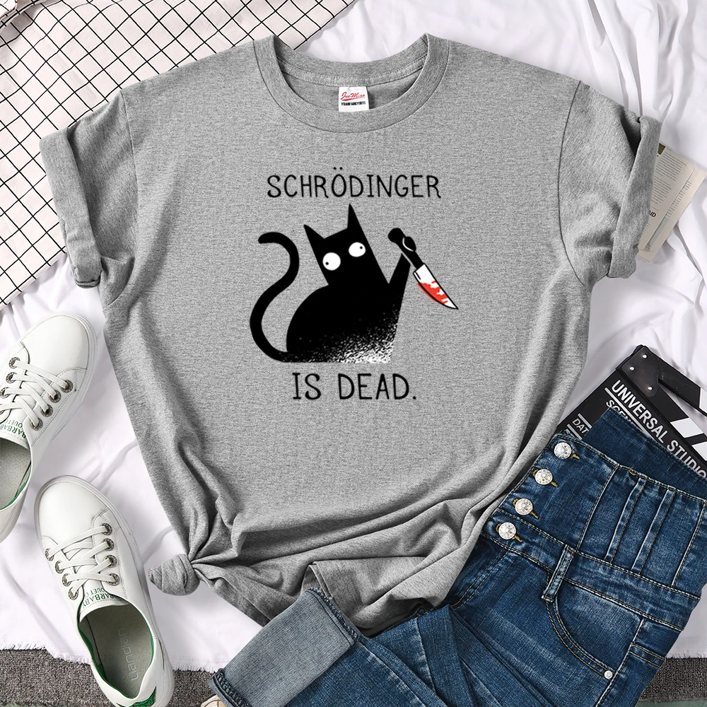 Females T-Shirts Schrodinger Is Dead Cartoon Black Cat Print T Shirt Women Oversized Soft Snug Loose Tees Comfortable Funny Tops