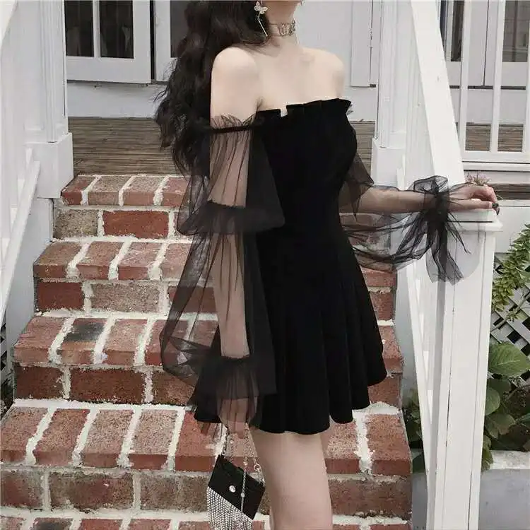 New 2026 Black Retro Dress Woman Lace Chiffon Mini Female High Street Sexy Korean Fashion Women Club Dress