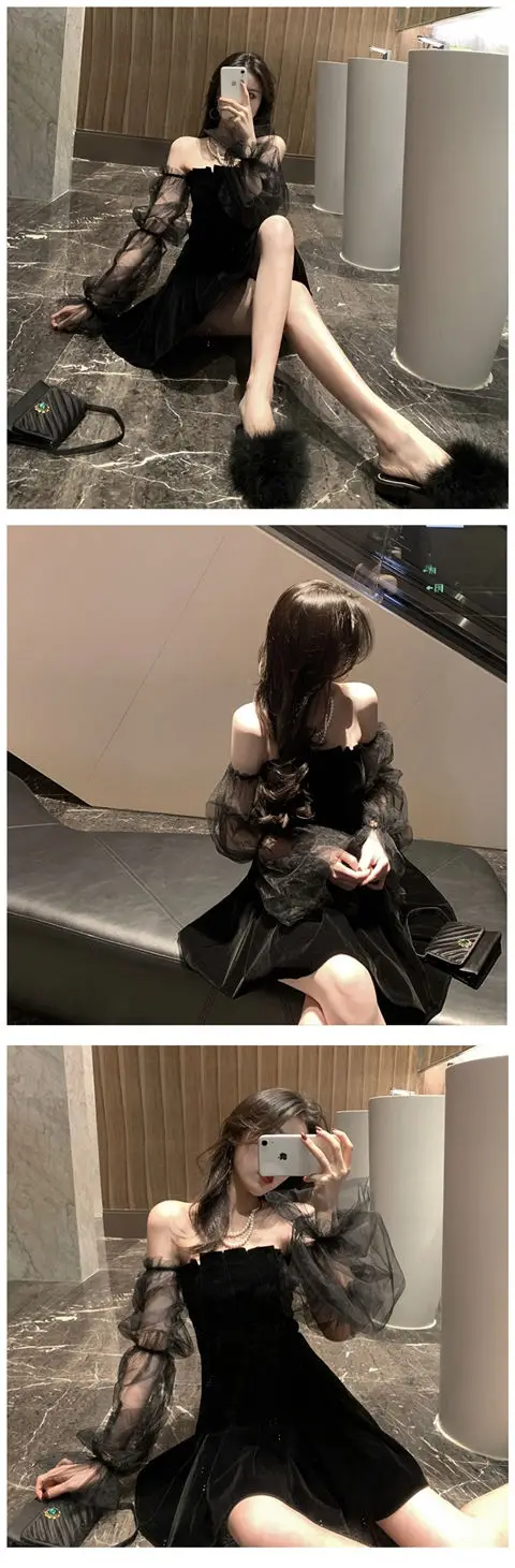 New 2026 Black Retro Dress Woman Lace Chiffon Mini Female High Street Sexy Korean Fashion Women Club Dress