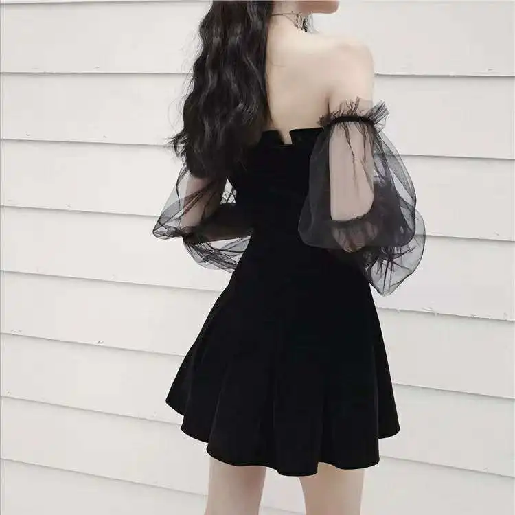 New 2026 Black Retro Dress Woman Lace Chiffon Mini Female High Street Sexy Korean Fashion Women Club Dress