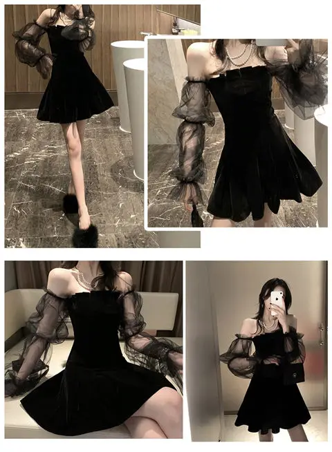New 2026 Black Retro Dress Woman Lace Chiffon Mini Female High Street Sexy Korean Fashion Women Club Dress