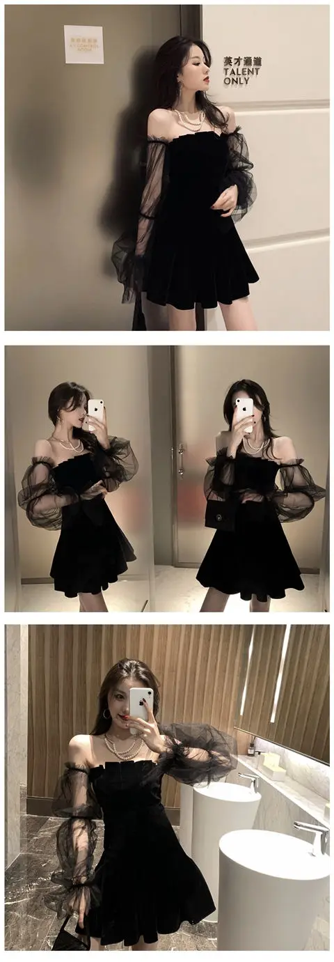 New 2026 Black Retro Dress Woman Lace Chiffon Mini Female High Street Sexy Korean Fashion Women Club Dress